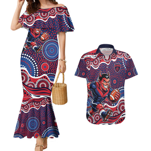 Melbourne Demons Couples Matching Mermaid Dress and Hawaiian Shirt Aboriginal Dot Pattern - Football Mascot Heritage Pride