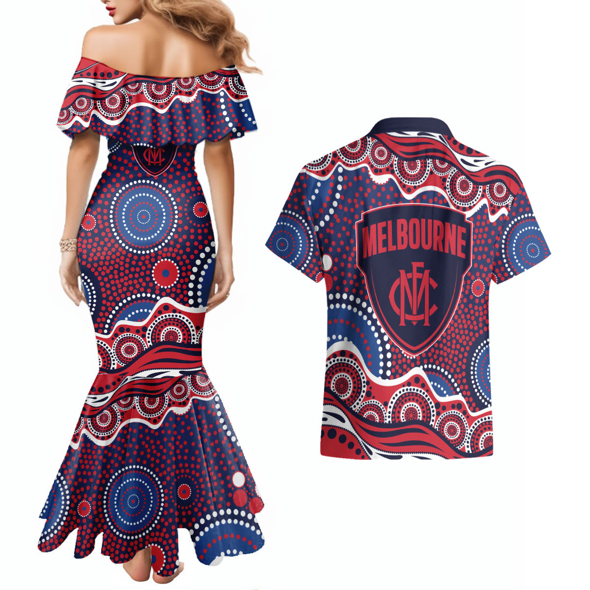 Melbourne Demons Couples Matching Mermaid Dress and Hawaiian Shirt Aboriginal Dot Pattern - Football Mascot Heritage Pride