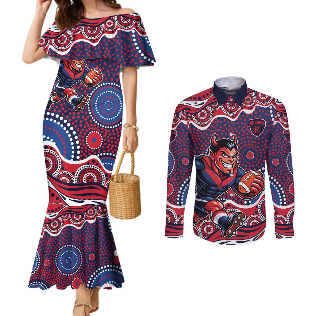 Melbourne Demons Couples Matching Mermaid Dress and Long Sleeve Button Shirt Aboriginal Dot Pattern - Football Mascot Heritage Pride