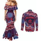 Melbourne Demons Couples Matching Mermaid Dress and Long Sleeve Button Shirt Aboriginal Dot Pattern - Football Mascot Heritage Pride