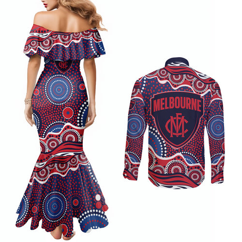 Melbourne Demons Couples Matching Mermaid Dress and Long Sleeve Button Shirt Aboriginal Dot Pattern - Football Mascot Heritage Pride