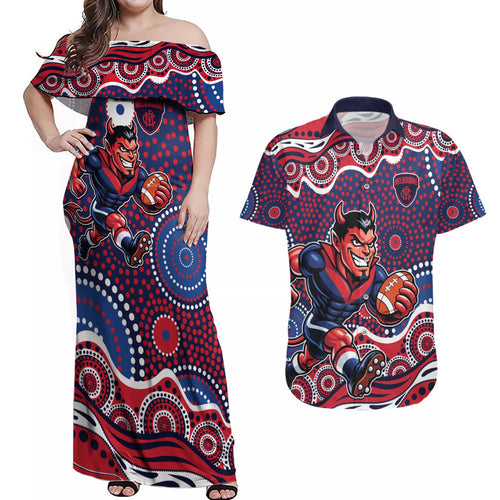 Melbourne Demons Couples Matching Off Shoulder Maxi Dress and Hawaiian Shirt Aboriginal Dot Pattern - Football Mascot Heritage Pride