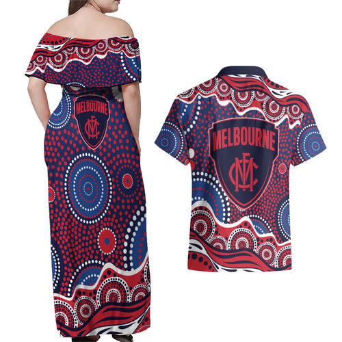 Melbourne Demons Couples Matching Off Shoulder Maxi Dress and Hawaiian Shirt Aboriginal Dot Pattern - Football Mascot Heritage Pride