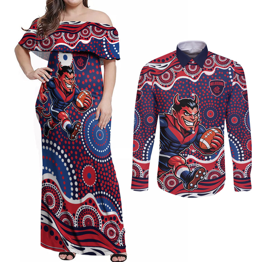 Melbourne Demons Couples Matching Off Shoulder Maxi Dress and Long Sleeve Button Shirt Aboriginal Dot Pattern - Football Mascot Heritage Pride