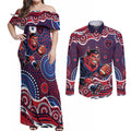 Melbourne Demons Couples Matching Off Shoulder Maxi Dress and Long Sleeve Button Shirt Aboriginal Dot Pattern - Football Mascot Heritage Pride