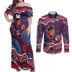 Melbourne Demons Couples Matching Off Shoulder Maxi Dress and Long Sleeve Button Shirt Aboriginal Dot Pattern - Football Mascot Heritage Pride