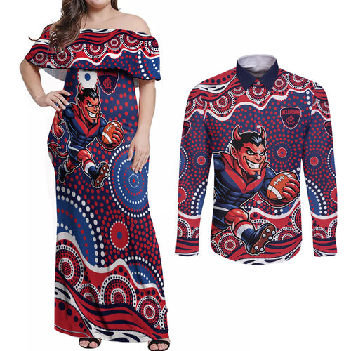 Melbourne Demons Couples Matching Off Shoulder Maxi Dress and Long Sleeve Button Shirt Aboriginal Dot Pattern - Football Mascot Heritage Pride