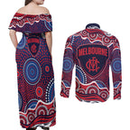 Melbourne Demons Couples Matching Off Shoulder Maxi Dress and Long Sleeve Button Shirt Aboriginal Dot Pattern - Football Mascot Heritage Pride