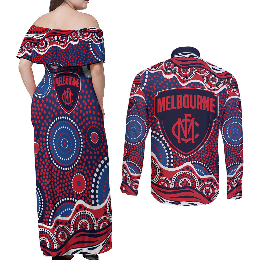 Melbourne Demons Couples Matching Off Shoulder Maxi Dress and Long Sleeve Button Shirt Aboriginal Dot Pattern - Football Mascot Heritage Pride