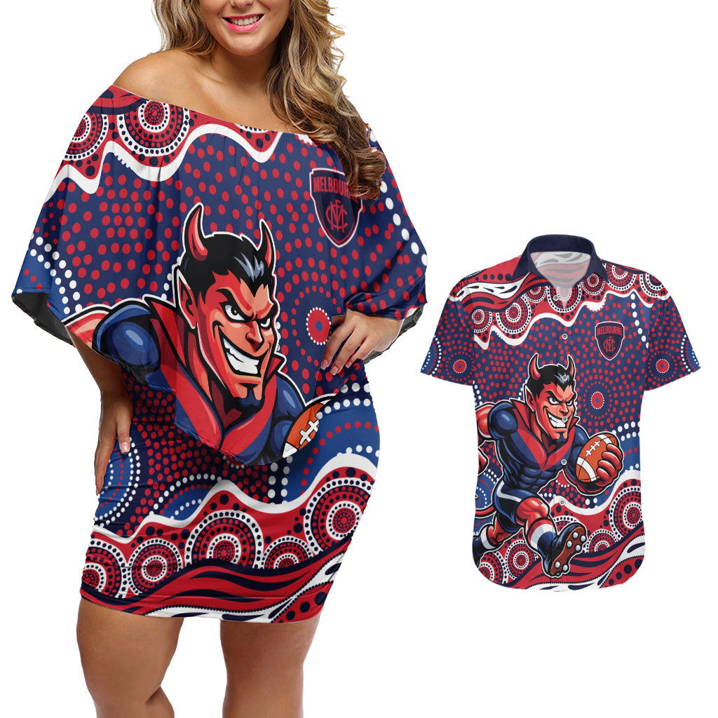 Melbourne Demons Couples Matching Off Shoulder Short Dress and Hawaiian Shirt Aboriginal Dot Pattern - Football Mascot Heritage Pride