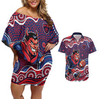 Melbourne Demons Couples Matching Off Shoulder Short Dress and Hawaiian Shirt Aboriginal Dot Pattern - Football Mascot Heritage Pride