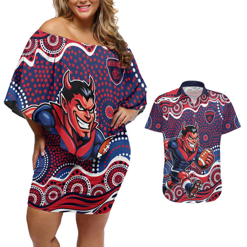 Melbourne Demons Couples Matching Off Shoulder Short Dress and Hawaiian Shirt Aboriginal Dot Pattern - Football Mascot Heritage Pride