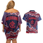 Melbourne Demons Couples Matching Off Shoulder Short Dress and Hawaiian Shirt Aboriginal Dot Pattern - Football Mascot Heritage Pride