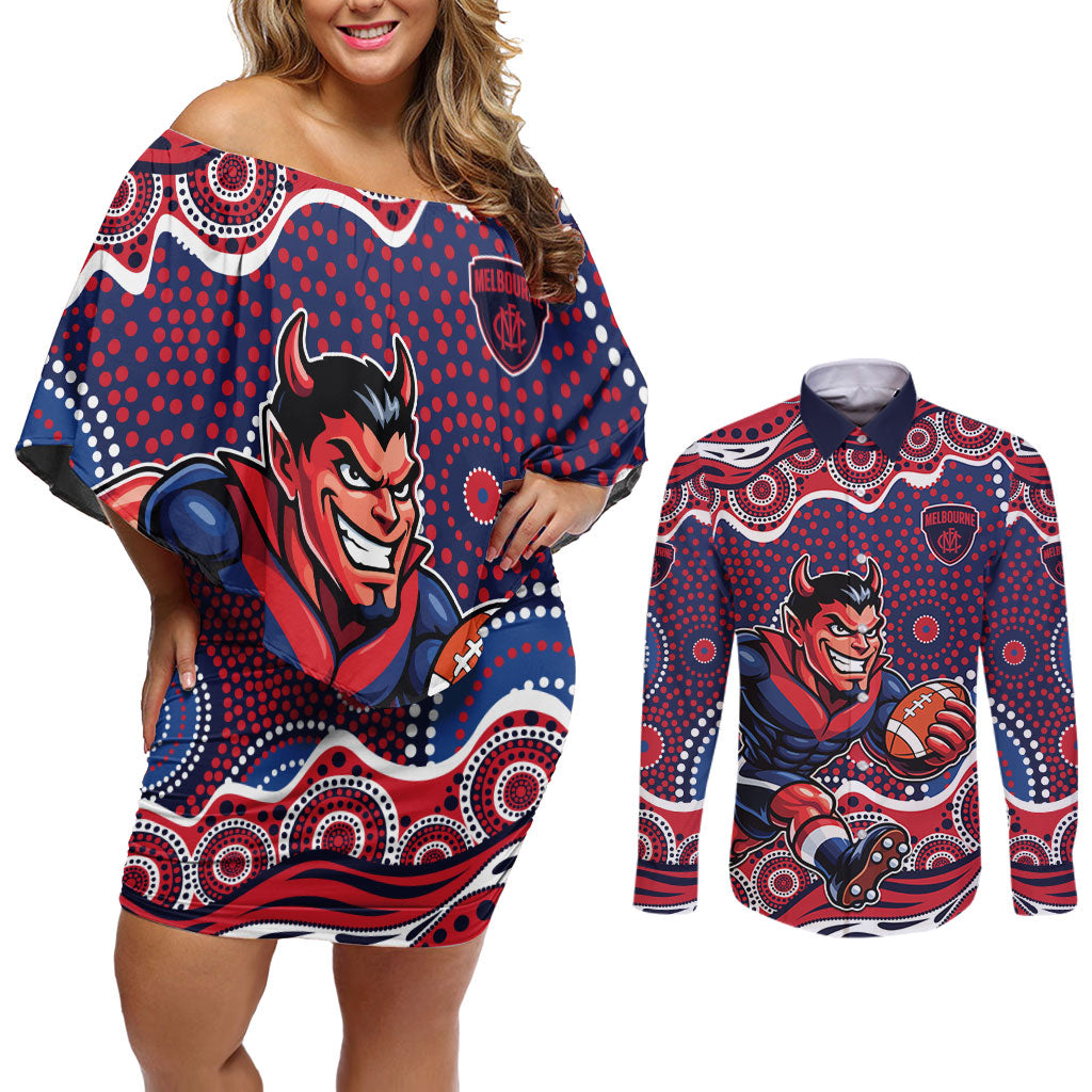 Melbourne Demons Couples Matching Off Shoulder Short Dress and Long Sleeve Button Shirt Aboriginal Dot Pattern - Football Mascot Heritage Pride