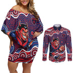 Melbourne Demons Couples Matching Off Shoulder Short Dress and Long Sleeve Button Shirt Aboriginal Dot Pattern - Football Mascot Heritage Pride