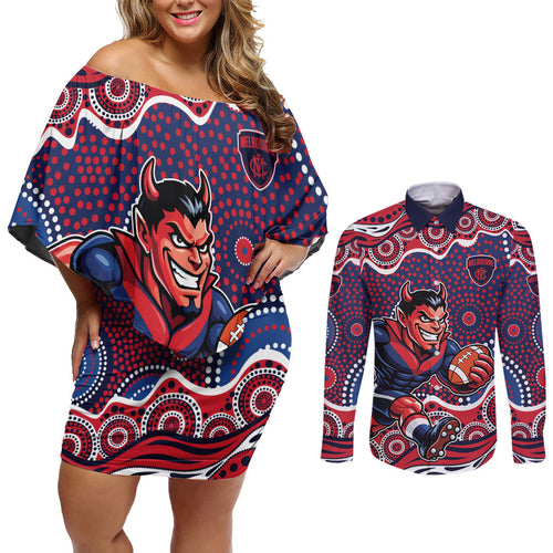 Melbourne Demons Couples Matching Off Shoulder Short Dress and Long Sleeve Button Shirt Aboriginal Dot Pattern - Football Mascot Heritage Pride