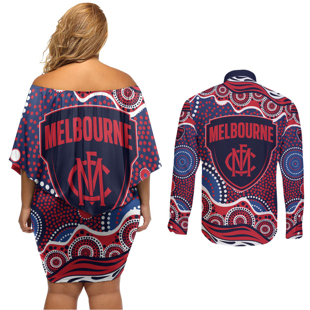 Melbourne Demons Couples Matching Off Shoulder Short Dress and Long Sleeve Button Shirt Aboriginal Dot Pattern - Football Mascot Heritage Pride