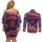Melbourne Demons Couples Matching Off Shoulder Short Dress and Long Sleeve Button Shirt Aboriginal Dot Pattern - Football Mascot Heritage Pride