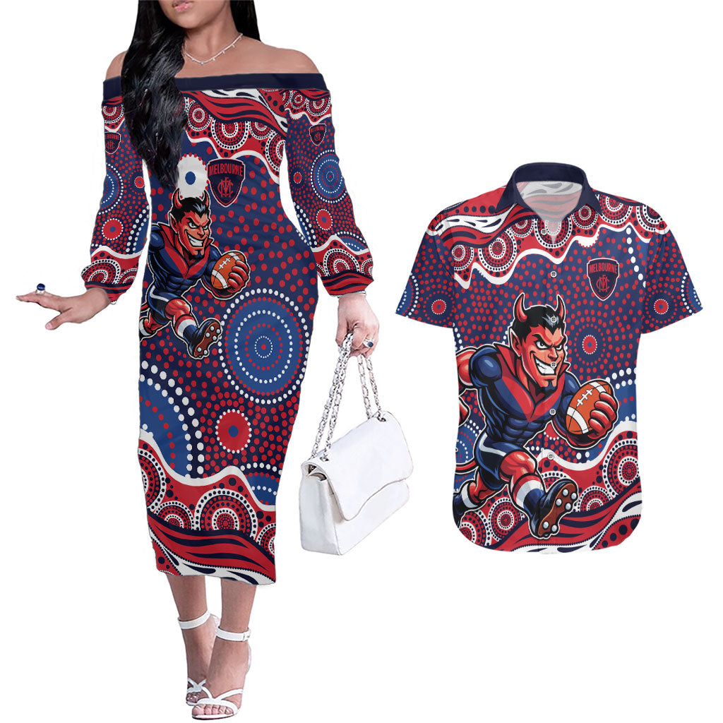 Melbourne Demons Couples Matching Off The Shoulder Long Sleeve Dress and Hawaiian Shirt Aboriginal Dot Pattern - Football Mascot Heritage Pride