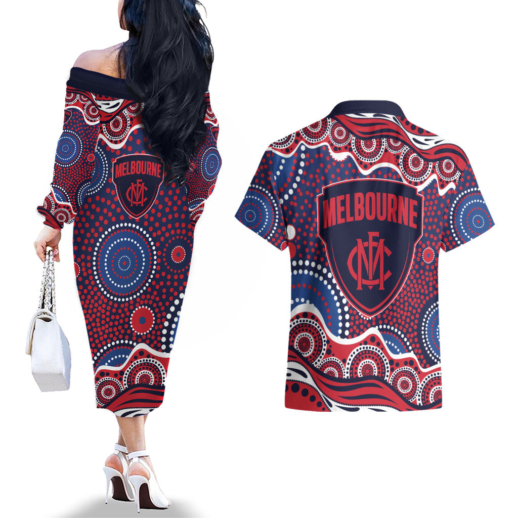 Melbourne Demons Couples Matching Off The Shoulder Long Sleeve Dress and Hawaiian Shirt Aboriginal Dot Pattern - Football Mascot Heritage Pride