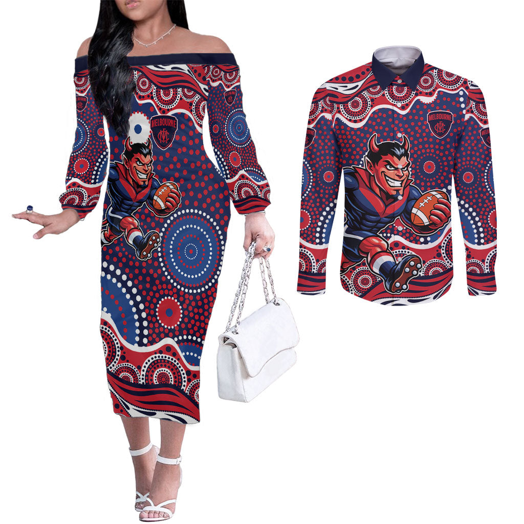 Melbourne Demons Couples Matching Off The Shoulder Long Sleeve Dress and Long Sleeve Button Shirt Aboriginal Dot Pattern - Football Mascot Heritage Pride