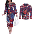 Melbourne Demons Couples Matching Off The Shoulder Long Sleeve Dress and Long Sleeve Button Shirt Aboriginal Dot Pattern - Football Mascot Heritage Pride
