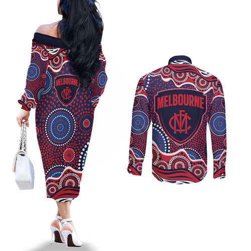 Melbourne Demons Couples Matching Off The Shoulder Long Sleeve Dress and Long Sleeve Button Shirt Aboriginal Dot Pattern - Football Mascot Heritage Pride