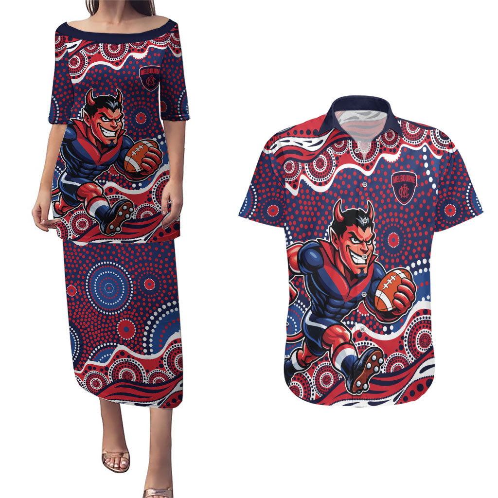 Melbourne Demons Couples Matching Puletasi and Hawaiian Shirt Aboriginal Dot Pattern - Football Mascot Heritage Pride