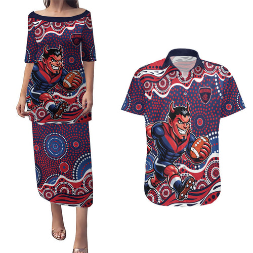 Melbourne Demons Couples Matching Puletasi and Hawaiian Shirt Aboriginal Dot Pattern - Football Mascot Heritage Pride