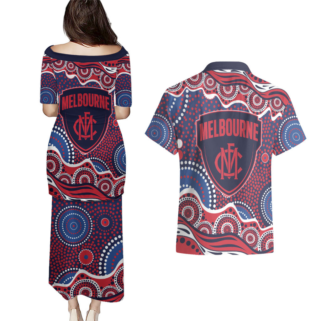 Melbourne Demons Couples Matching Puletasi and Hawaiian Shirt Aboriginal Dot Pattern - Football Mascot Heritage Pride