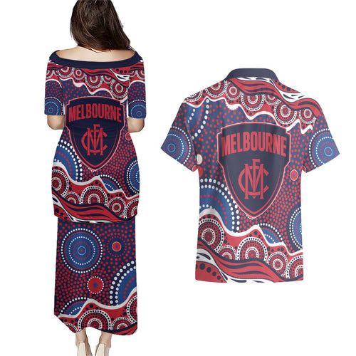 Melbourne Demons Couples Matching Puletasi and Hawaiian Shirt Aboriginal Dot Pattern - Football Mascot Heritage Pride