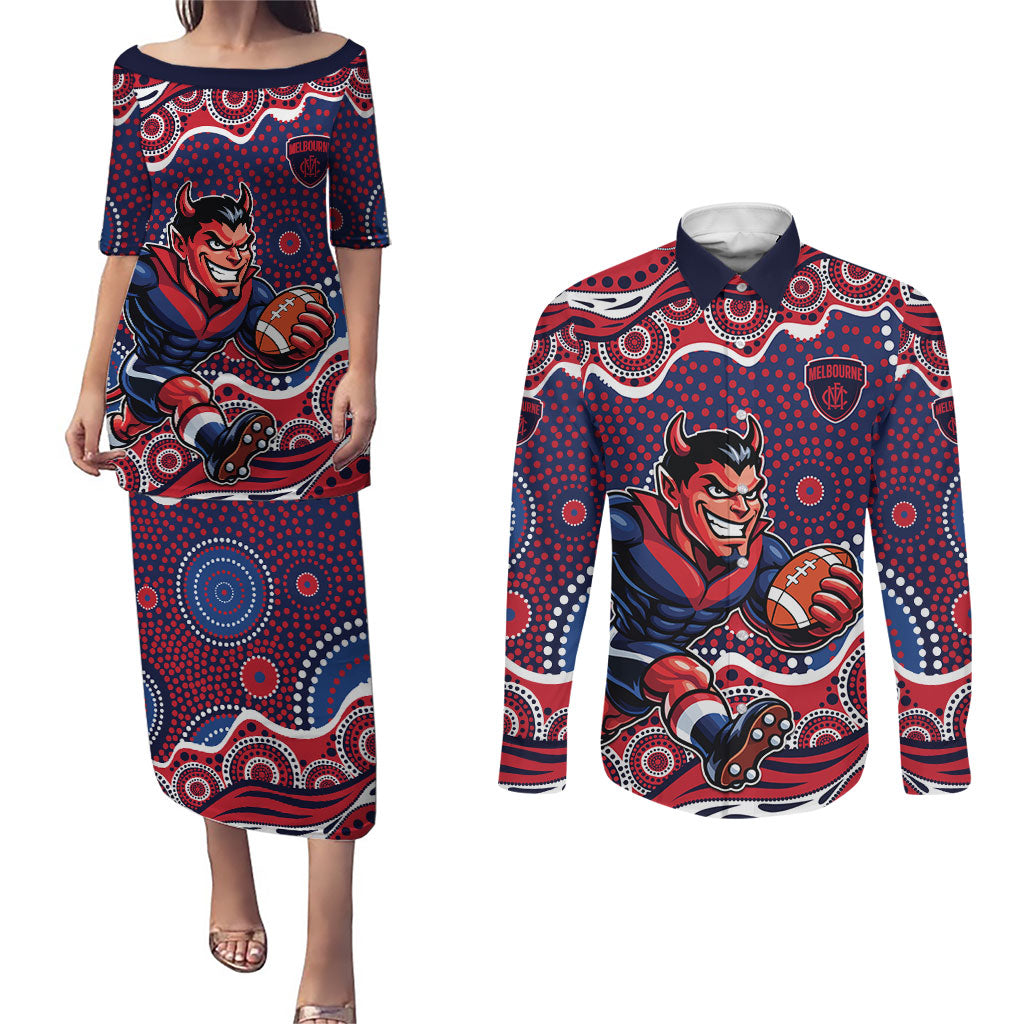 Melbourne Demons Couples Matching Puletasi and Long Sleeve Button Shirt Aboriginal Dot Pattern - Football Mascot Heritage Pride