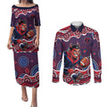 Melbourne Demons Couples Matching Puletasi and Long Sleeve Button Shirt Aboriginal Dot Pattern - Football Mascot Heritage Pride