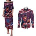 Melbourne Demons Couples Matching Puletasi and Long Sleeve Button Shirt Aboriginal Dot Pattern - Football Mascot Heritage Pride