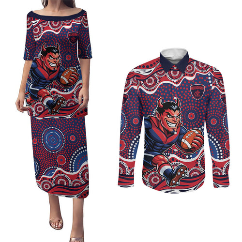 Melbourne Demons Couples Matching Puletasi and Long Sleeve Button Shirt Aboriginal Dot Pattern - Football Mascot Heritage Pride