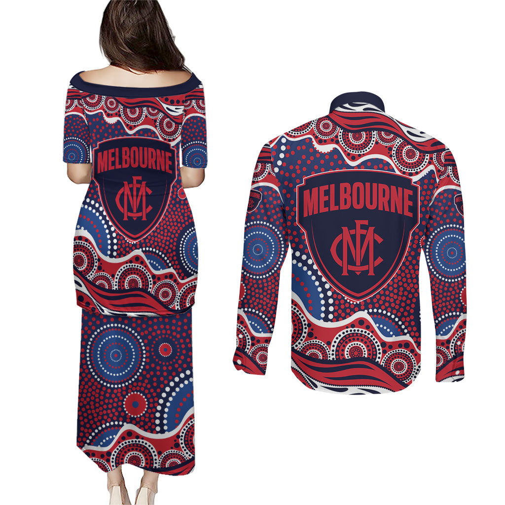 Melbourne Demons Couples Matching Puletasi and Long Sleeve Button Shirt Aboriginal Dot Pattern - Football Mascot Heritage Pride