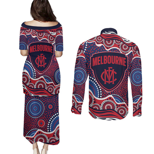 Melbourne Demons Couples Matching Puletasi and Long Sleeve Button Shirt Aboriginal Dot Pattern - Football Mascot Heritage Pride