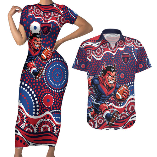 Melbourne Demons Couples Matching Short Sleeve Bodycon Dress and Hawaiian Shirt Aboriginal Dot Pattern - Football Mascot Heritage Pride