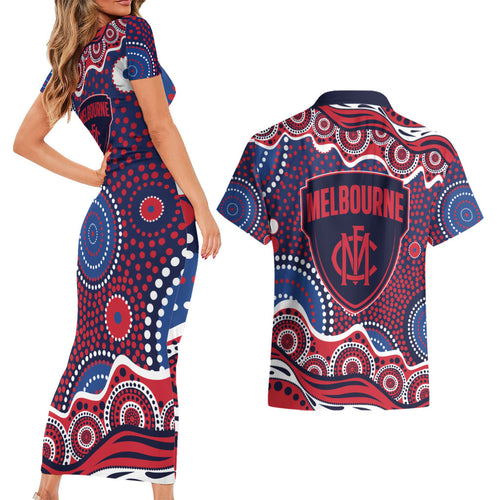 Melbourne Demons Couples Matching Short Sleeve Bodycon Dress and Hawaiian Shirt Aboriginal Dot Pattern - Football Mascot Heritage Pride