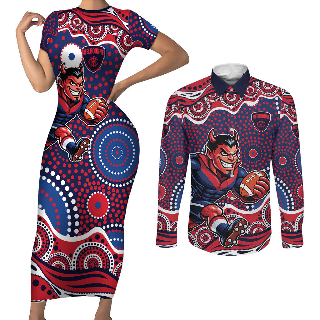 Melbourne Demons Couples Matching Short Sleeve Bodycon Dress and Long Sleeve Button Shirt Aboriginal Dot Pattern - Football Mascot Heritage Pride