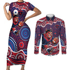 Melbourne Demons Couples Matching Short Sleeve Bodycon Dress and Long Sleeve Button Shirt Aboriginal Dot Pattern - Football Mascot Heritage Pride