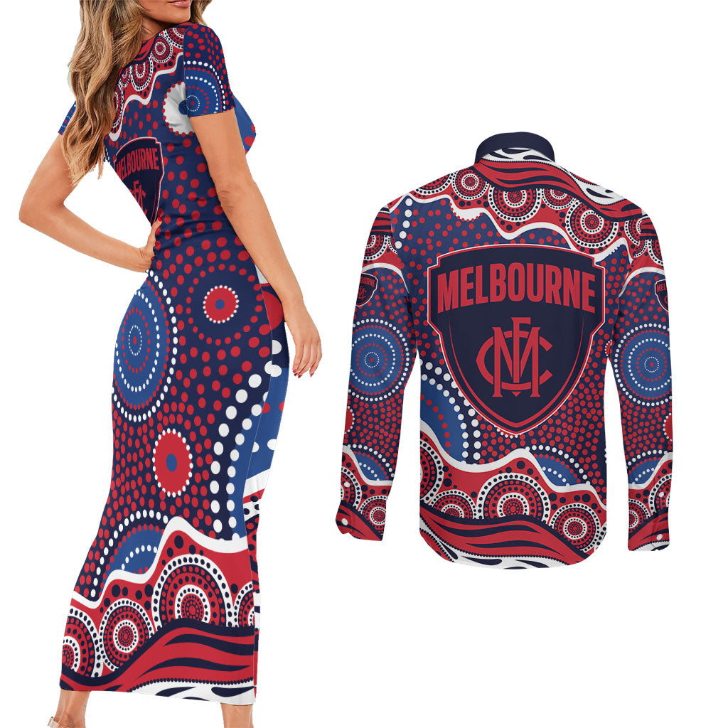 Melbourne Demons Couples Matching Short Sleeve Bodycon Dress and Long Sleeve Button Shirt Aboriginal Dot Pattern - Football Mascot Heritage Pride