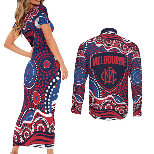 Melbourne Demons Couples Matching Short Sleeve Bodycon Dress and Long Sleeve Button Shirt Aboriginal Dot Pattern - Football Mascot Heritage Pride