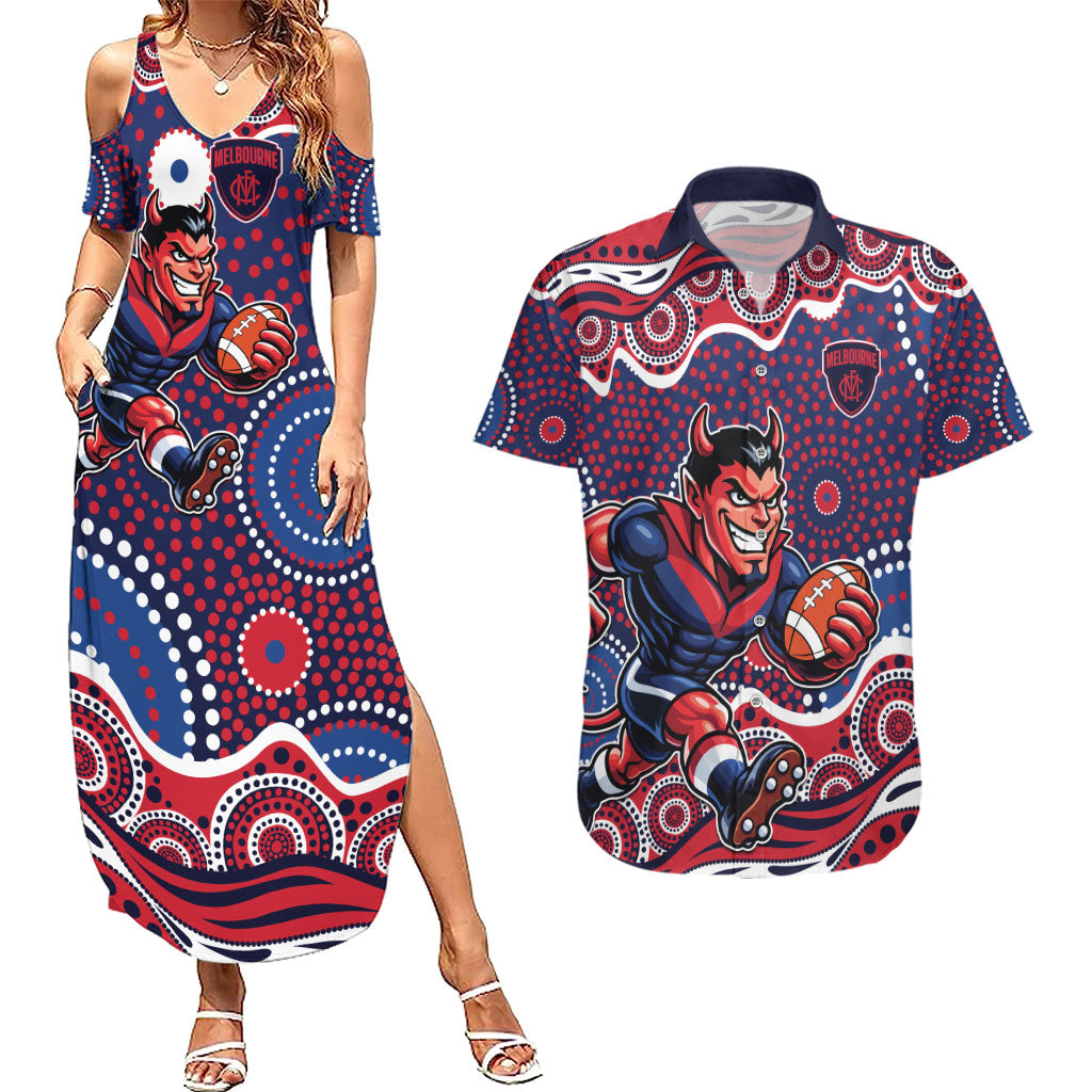 Melbourne Demons Couples Matching Summer Maxi Dress and Hawaiian Shirt Aboriginal Dot Pattern - Football Mascot Heritage Pride