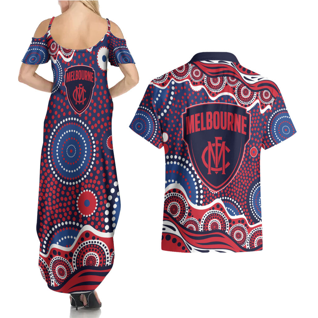 Melbourne Demons Couples Matching Summer Maxi Dress and Hawaiian Shirt Aboriginal Dot Pattern - Football Mascot Heritage Pride