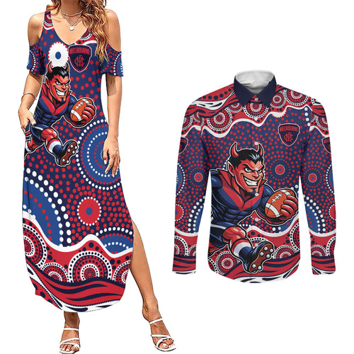 Melbourne Demons Couples Matching Summer Maxi Dress and Long Sleeve Button Shirt Aboriginal Dot Pattern - Football Mascot Heritage Pride