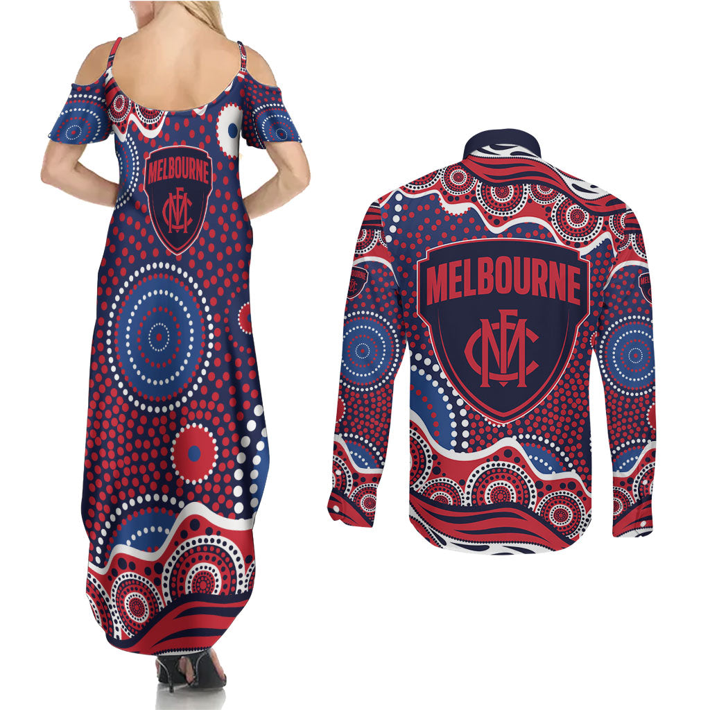 Melbourne Demons Couples Matching Summer Maxi Dress and Long Sleeve Button Shirt Aboriginal Dot Pattern - Football Mascot Heritage Pride