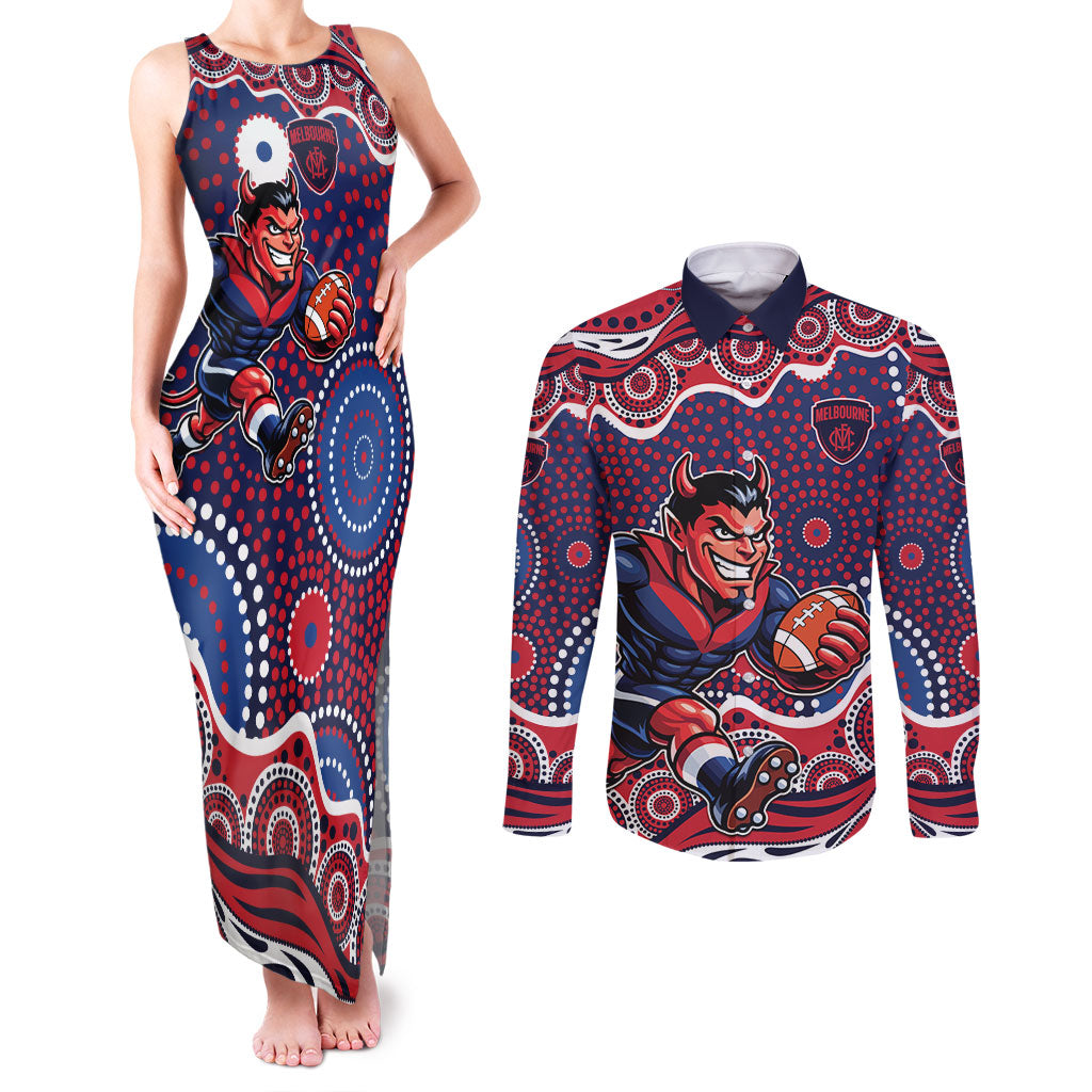 Melbourne Demons Couples Matching Tank Maxi Dress and Long Sleeve Button Shirt Aboriginal Dot Pattern - Football Mascot Heritage Pride