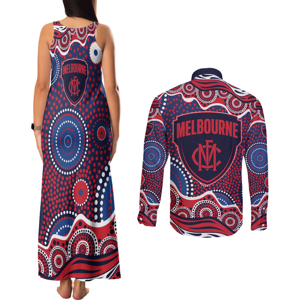 Melbourne Demons Couples Matching Tank Maxi Dress and Long Sleeve Button Shirt Aboriginal Dot Pattern - Football Mascot Heritage Pride