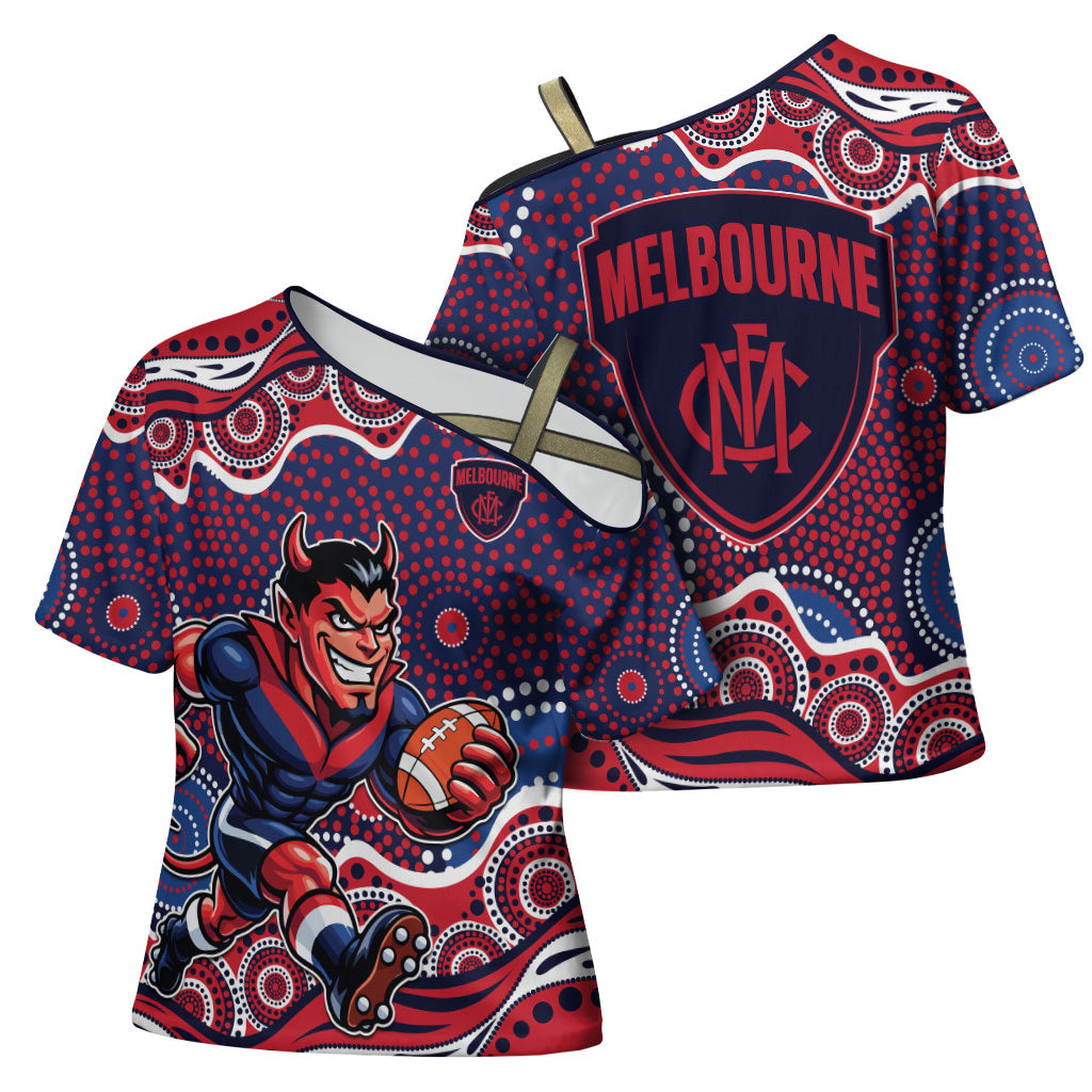 Melbourne Demons Cross Shoulder Shirt Aboriginal Dot Pattern - Football Mascot Heritage Pride